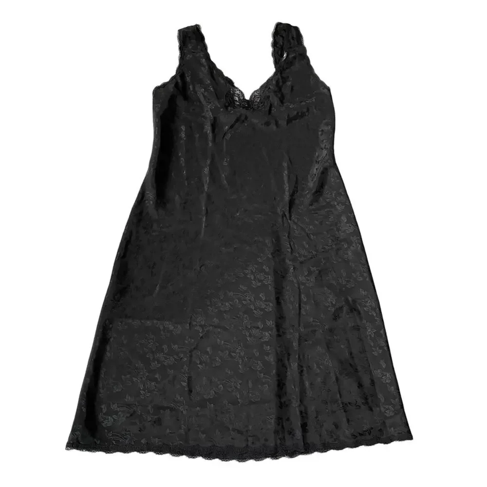 Vintage 1970s Barbizon Slip Dress Midi Lace Trim Floral Vines Black L EUC - Picture 10 of 13